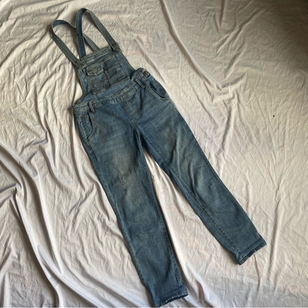 Free People Overalls Milo Slim Ankle Distressed Denim Jean Side Zip Size 25